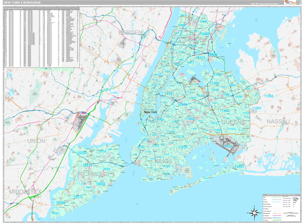 New York 5 Boroughs, NY Metro Area Wall Map